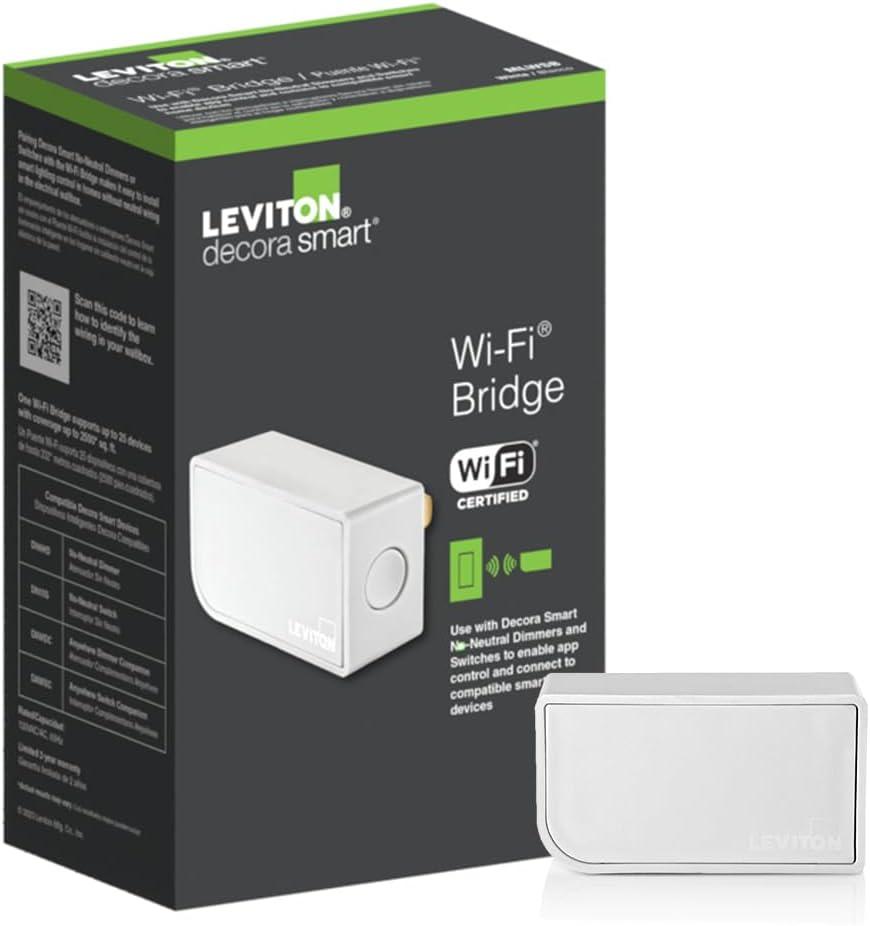 Leviton Wi-Fi Bridge for No-Neutral Decora Smart Dimmers and Switches (DN6HD and DN15S), Works with My Leviton, Alexa, Google Assistant, Apple Home/Siri & Wire-Free 3-Way, MLWSB-1RW, White
