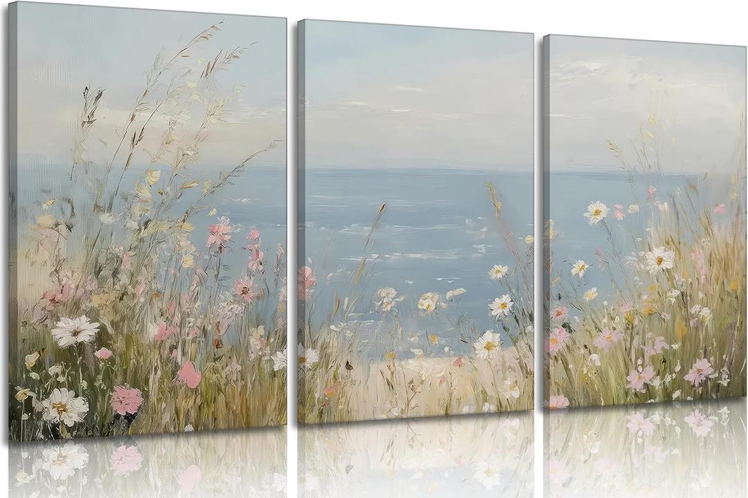 Coastal Wildflowers Wall Art Nature Inspired Ocean View Canvas Poster Vintage Neutral Floral Prints Artwork, Seaside Floral Rustic Country House Decoration for Living Room, Office Scene Home Decor