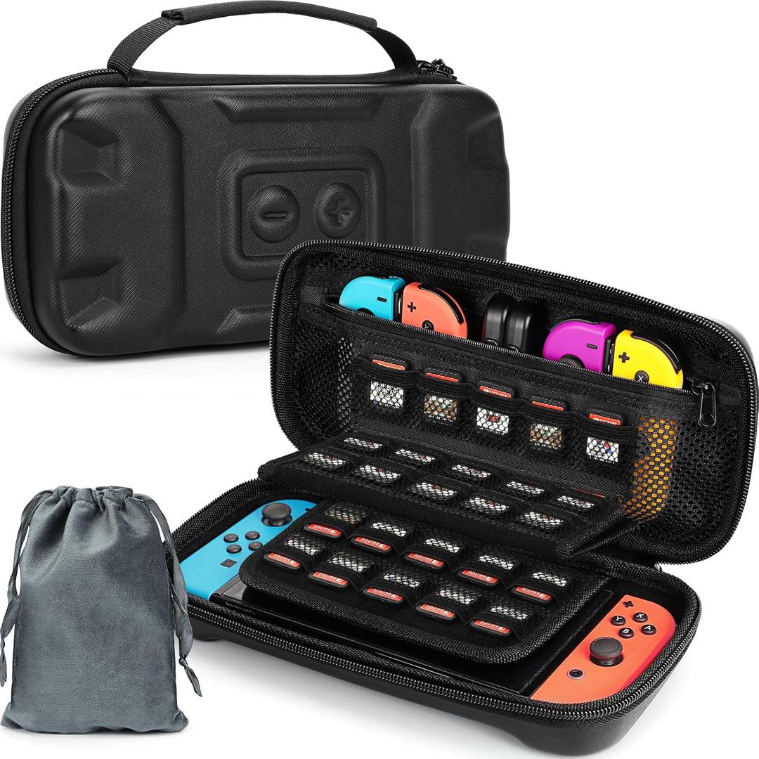FYY Carry Case Compatible with Nintendo Switch and Switch OLED with Drawstring Pouch for Charger, Hard Carrying Travel Case, Kickstand Holds 35 Game Cards Black