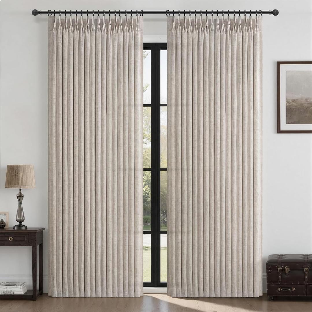120 Inch Extra Long Pleated Greyish Brown Curtains for Living Room Windows, Memory Shape Semi Sheer Floor Length Drapes Privacy Light Filtering Natural Linen Country Curtain 10FT Length 2 Panels Set