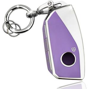 OLLEN Key Fob Cover with Ring, Fit for BMW 2023-2025~up New 5/7 Series 740i 760i X1 X2 X3 X5 X6 X7 XM IX IX3 I5 I7 ect, Full Protection Soft TPU Key Case, Purple and Silver