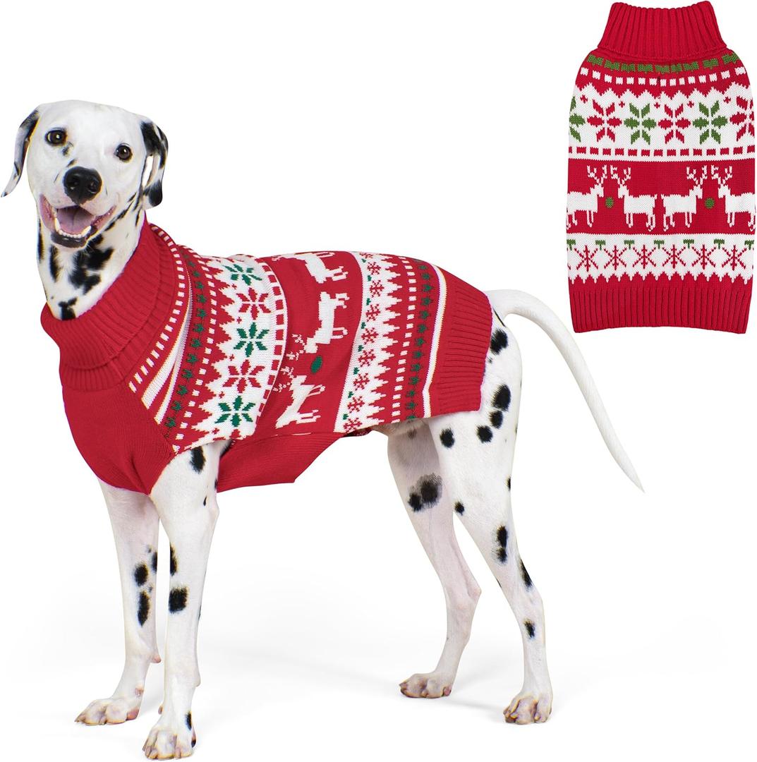 KYEESE Dog Christmas Sweater, Warm Turtleneck Dog Sweater for Large Dogs Boy Girl with Snowflake Reindeer Pattern, Winter Doggie Knitwear with Leash Hole, Cozy Winter Outfit, XXX-Large (3XL (60-80lbs))