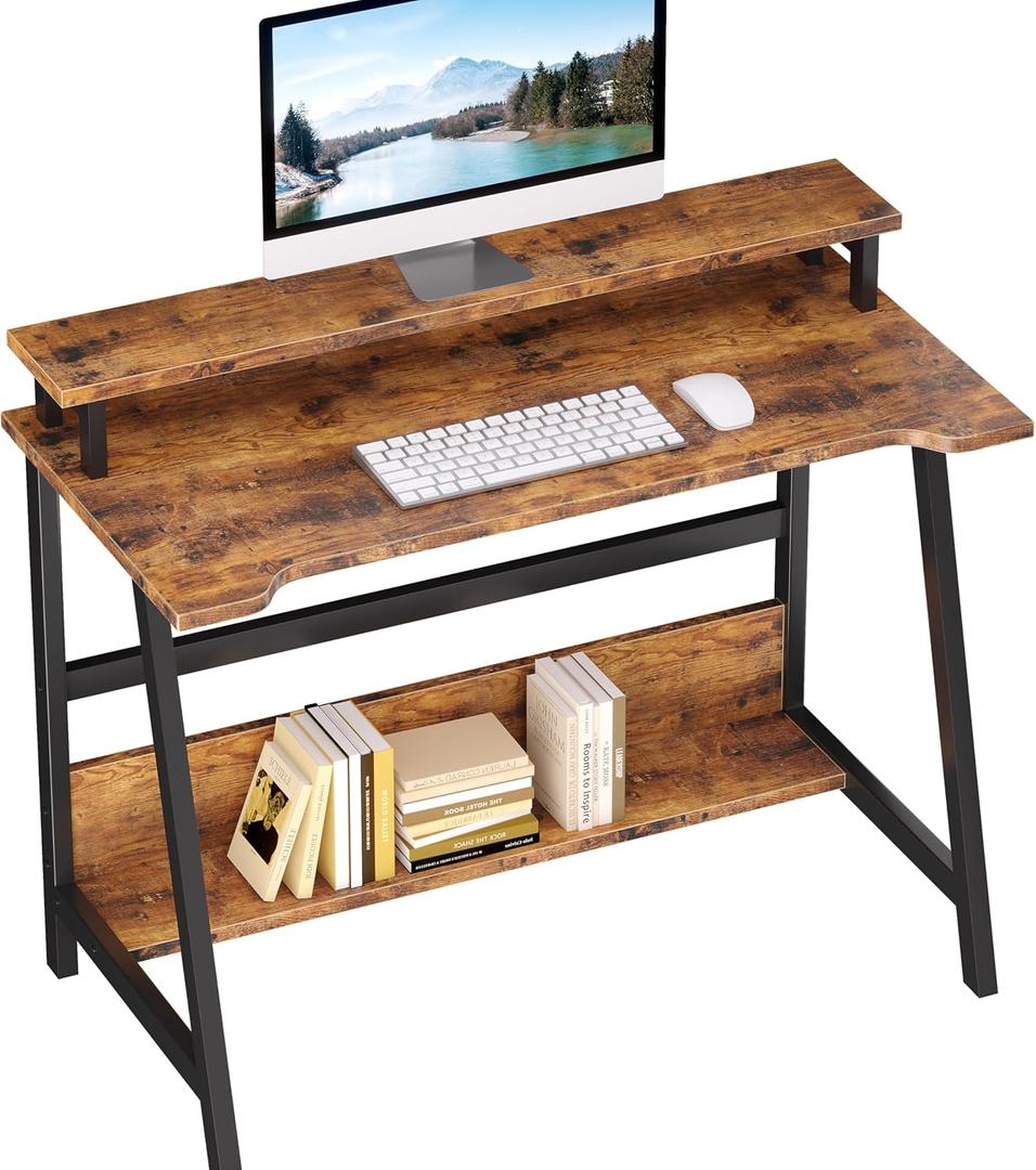 ALISENED 31.5 Inch Small Computer Desk with Storage for Bedroom Study Writing Home Office Table with Monitor Stand for Homeschool Brown