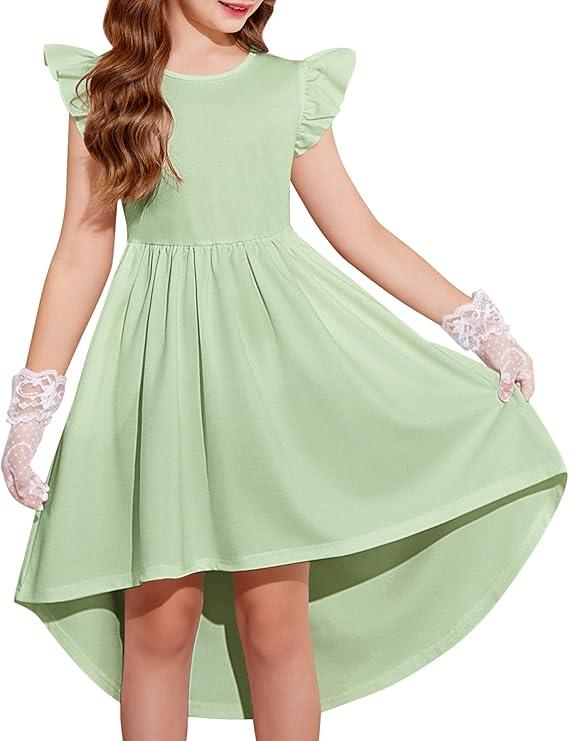 Girls Summer Dress Tween Flutter Sleeve High Low Formal Dresses for Wedding Party