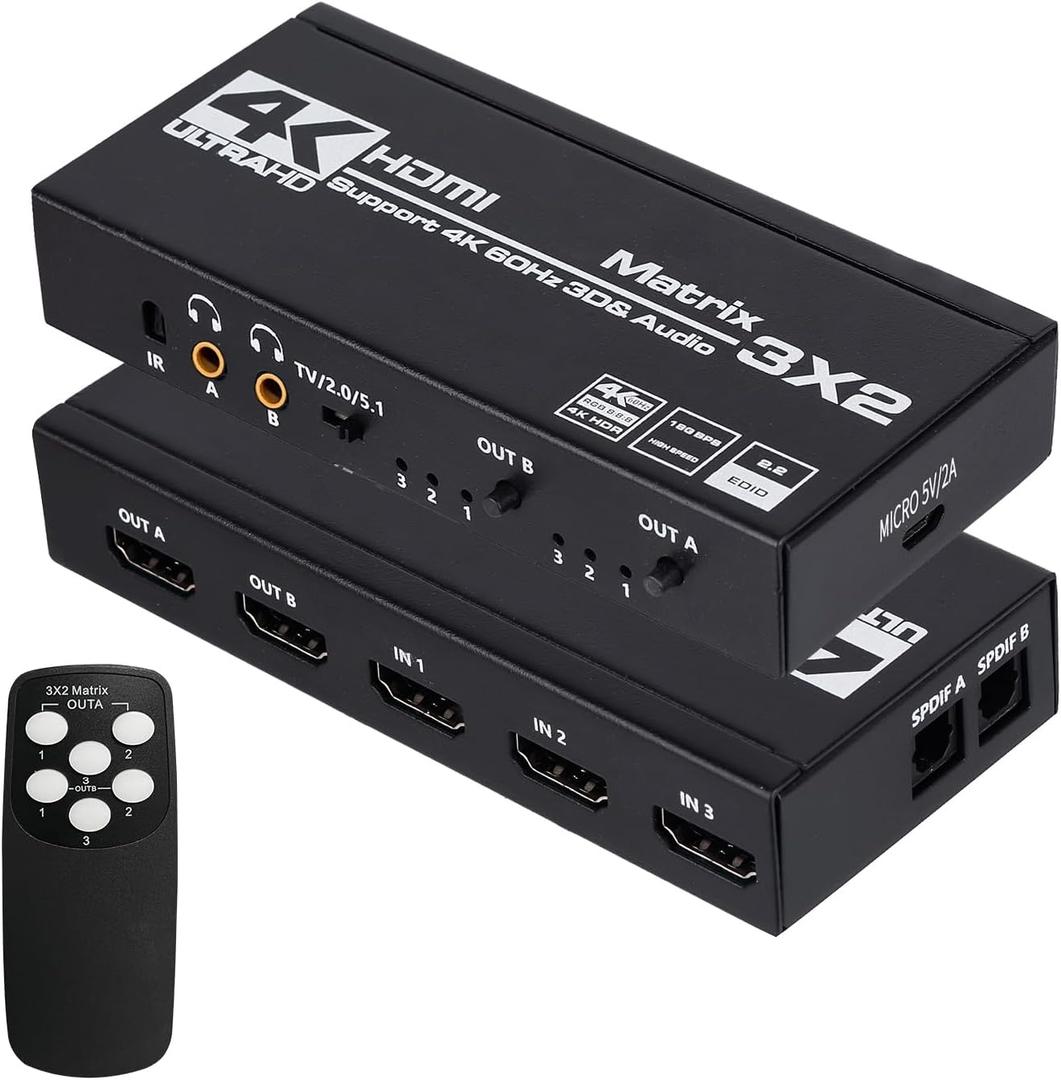 HDMI Matrix 3x2, 4K HDMI Matrix Switch 3 in 2 Out Switcher Splitter Box with EDID Extractor and IR Remote Control, Support Ultra 4K HDR, 4Kx2K@60Hz, 3D/1080PHDMI 2.0b, HDCP 2.2