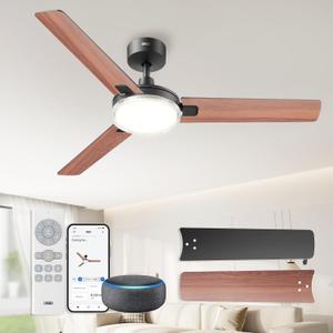 DREO Smart Ceiling Fans with Lights, 52 Inch Black Ceiling Fan, 12 Speeds & 3 Fan Modes, Stepless Color Tones, Dimmable LED Light, 1-12H Timer, Quiet DC Motor, Remote/APP/Alexa/Wall Switch Control