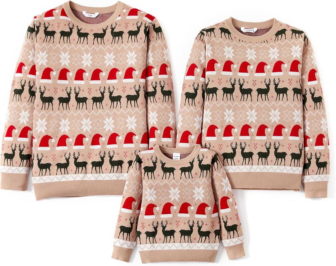 PATPAT Christmas Sweater Family Set Long Sleeve Knit Sweater Holiday Xmas Knitted Pullover (6-7 Years, Khaki Reindeer Snowflake)