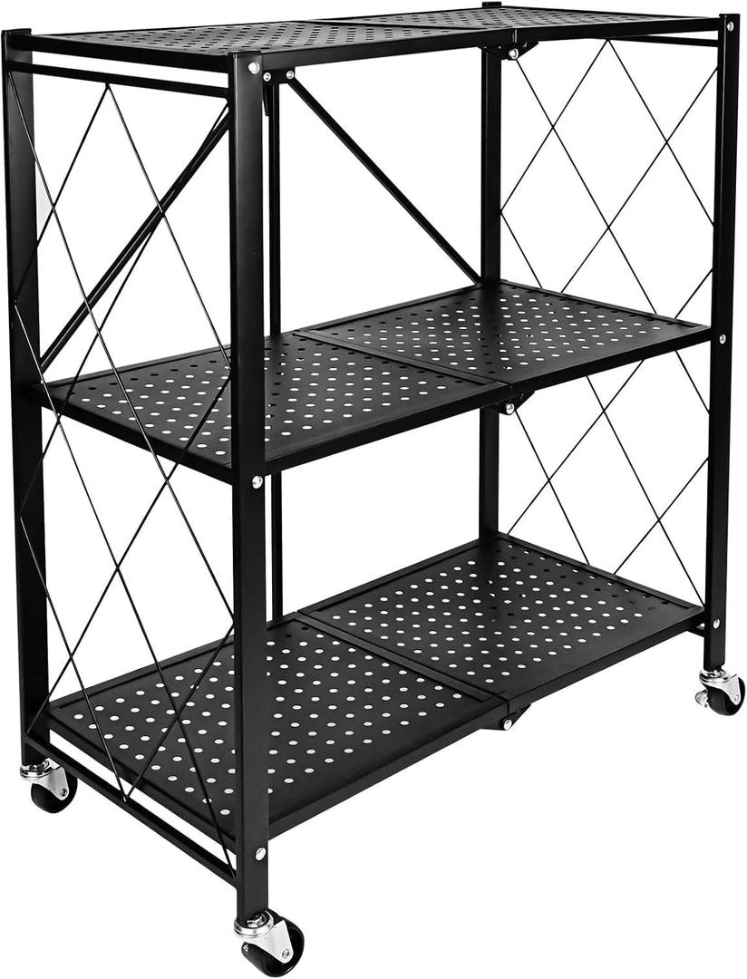 Kitchen Garage Metal Shelves, Storage Shelves Organizer, Foldable Metal Shelving, Closet Shelving Unit, 28" W x 14" D x 34" H Bakers Rack Microwave Stand, Plant Stand with Wheels (3-Tier Shelf), 71*34*86cm