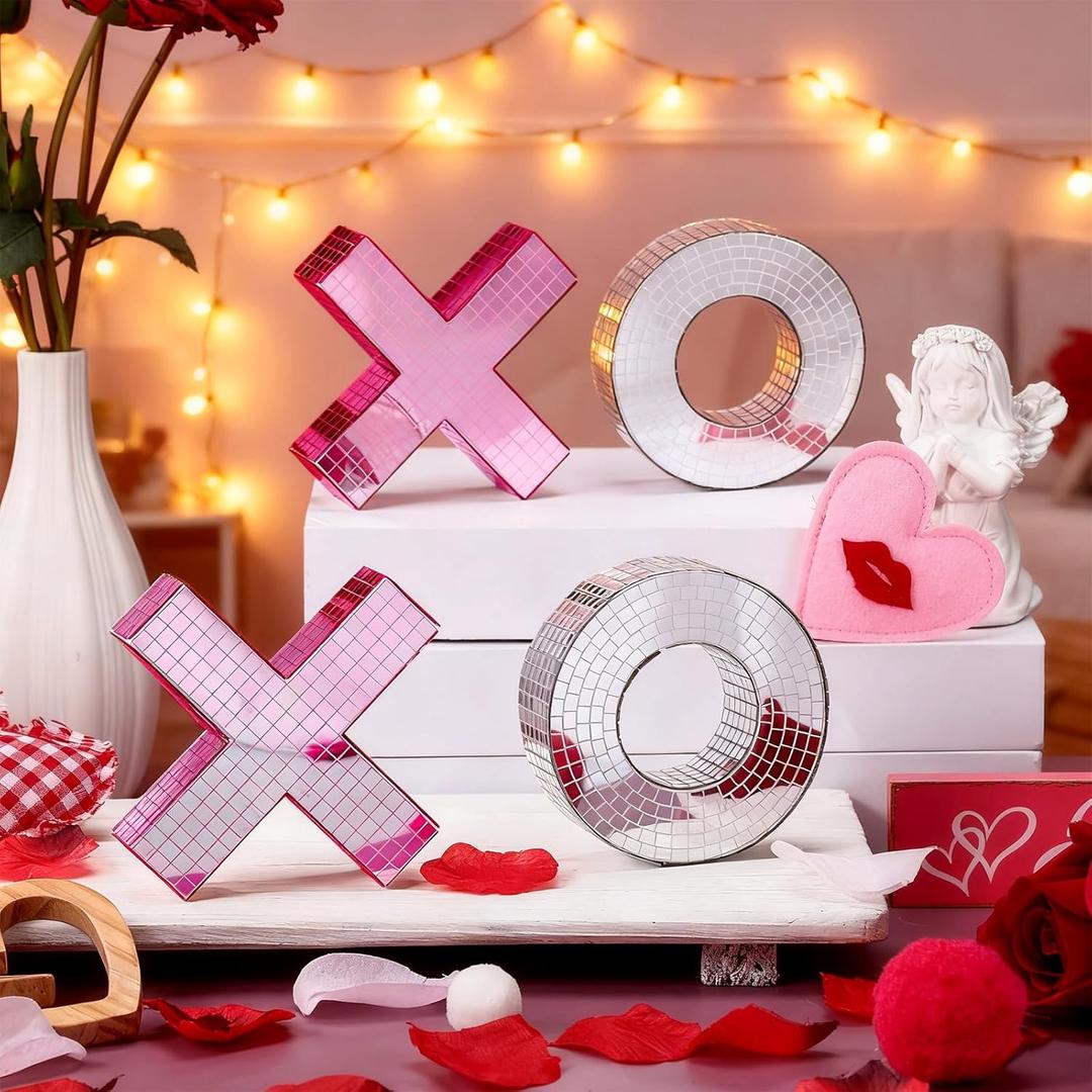 Thyle 4pcs Disco Valentines Day Decor Mirror Red Pink Silver Love Table Centerpiece 3.94 Inches Romantic Tiered Tray Decor Valentine's Tabletop Sign for Home Shelf Mantel Wedding Party(Pink, Silver)