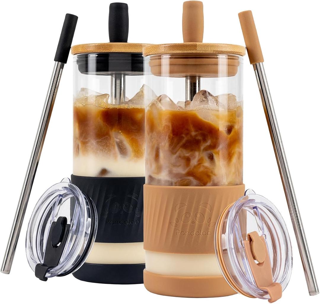Pandaloo Glass Cups With Lids and Straws -20 Fl Oz- Perfect Size Iced Coffee Cup - Smoothie Cup With Bamboo Lid and On the go Lid - Glass Tumbler (2 Count (Pack of 1), Amber Sand-Black Saphir)