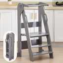 FUNLIO Foldable Kitchen Step Stool for Kids 2-6 Years, Montessori Step Stool, 3-Level Height Adjustable Standing Tower, Easy to Assemble, CPC & CE,Grey