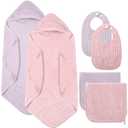 6 Pcs Baby Hooded Towels Washcloths and Bibs Set Muslin Cotton Soft Absorbent Baby Bath Towels for Boys Girls Newborn Infant Essentials(Pink, Purple)