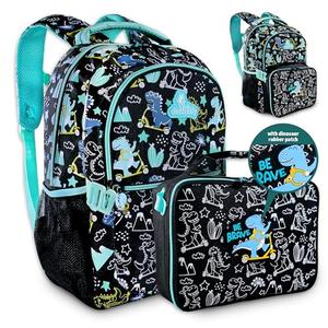 Decorably 2pc Set Dinosaur Backpack with Lunch Box Set with Rubber Patch, Multi-Compartment, Water-Resistant - Back to School Gift for Boys, Kids, Toddler, Preschool, Elementary