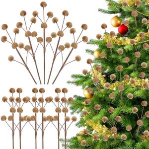 6 Pcs 14 Inch Christmas Tree Picks Velvet Christmas Ornaments Spheres Ball Pick Velvet Xmas Tree Branches Hanging Decoration Wreath Home Office Party Ornament(Light Brown)