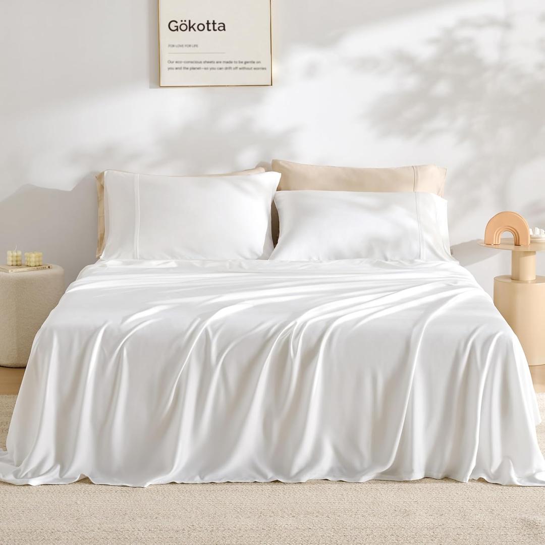 GOKOTTA King Size Bed Sheets 4 Piece Set, 100% Rayon Derived from Bamboo, Cooling for Hot Sleepers-Luxury Breathable Soft Sheets, Deep Pocket 16" Fitted Sheet with Elastic Corner Straps, Cream White