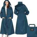 LAMA Womens Long Raincoats Rain Jacket Waterproof Packable Hooded Windbreaker Lightweight Adjustable Waist for Outdoor Sea Blue
