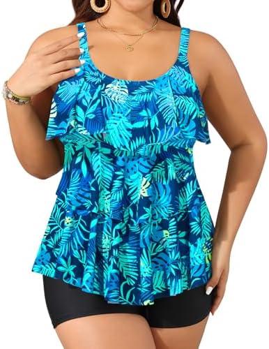 Yonique Women's Plus Size Tankini Swimsuits with Shorts Two Piece Bathing Suits Ruffle Swimsuits Tummy Control Swimwear 20