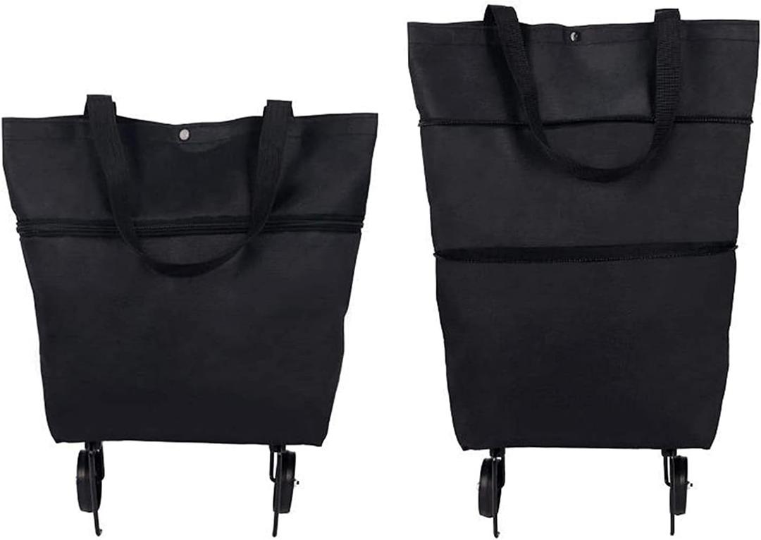 Trolley Folding Shopping Bag Collapsible Two-Stage Zipper Folding Shopping Bags 2 In 1 Foldable Shopping Portable Cart With Wheels Lightweight Storage Bag for Shopping Fruits Vegetables (Black)