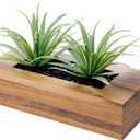 MyGift 10 Inch Artificial Green Grass Plants in Deluxe Acacia Solid Wood Decorative Planter Pot, Faux Greenery in Rectangular Wooden Container (9.5 Inch, Brown)
