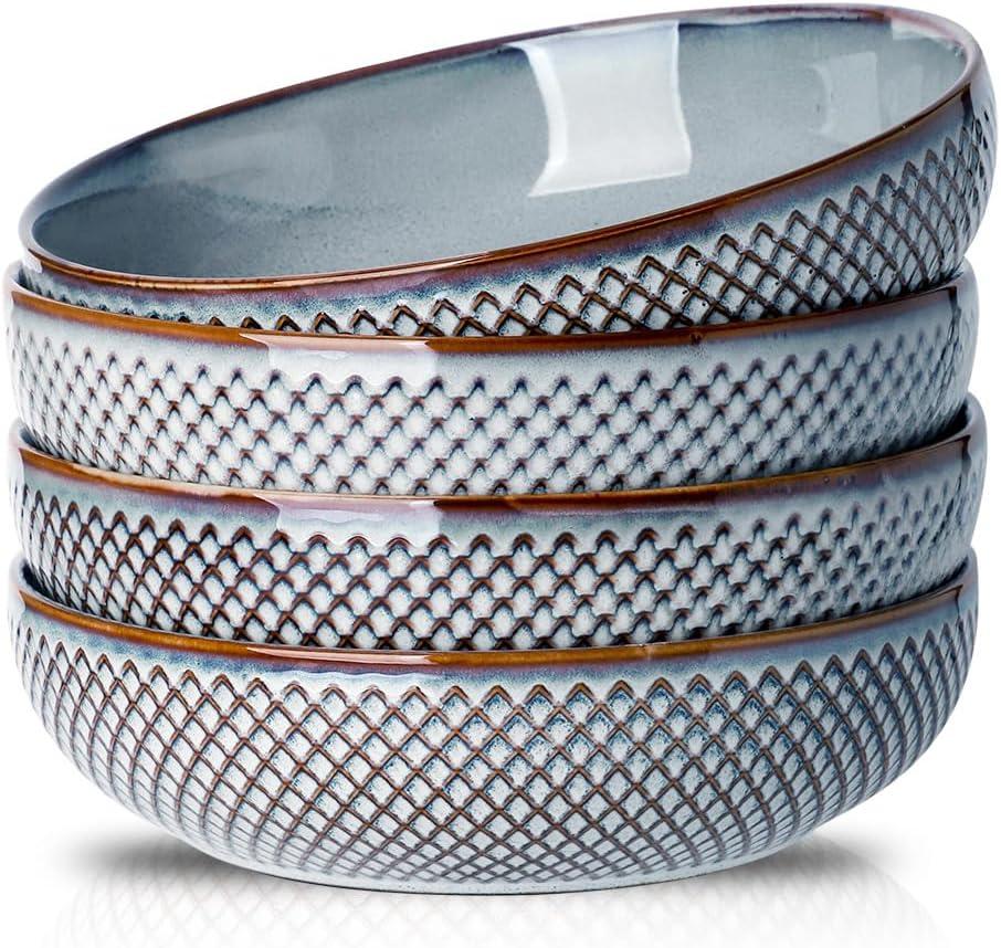 HVH 8.5 inch Large Pasta Bowls Set of 4, 46oz Big Salad Bowl Set of 4, Shallow Bowls, Ceramic Plates Set, Ceramic Bowls Set Microwave and Dishwasher Safe (Wabi sabi)