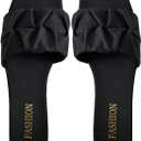 GORGLITTER Women's Pleated Square Toe Slide Flat Sandals Summer Trendy Sandals (11.5, Black)