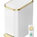 Cesun Small Bathroom Trash Can with Lid Soft Close, 5 Liter/1.3 Gallon Stainless Steel Garbage Can with Removable Inner , Step Pedal, Slim Waste Basket for Toilet, Office, Bedroom (White & Gold)