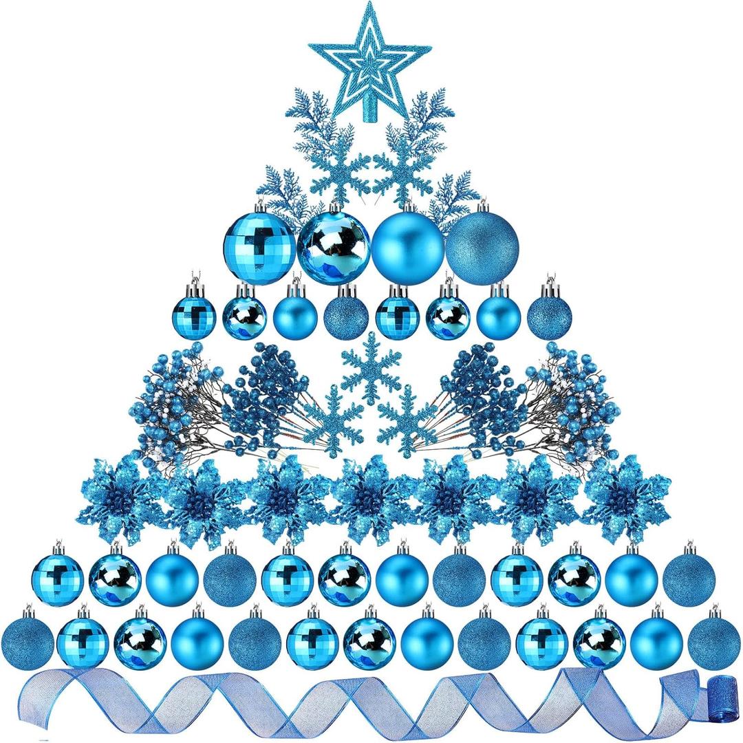 Sratte 94 Pcs Christmas Tree Decorations Set, Christmas Tree Ball Ornaments Glitter Poinsettia Flowers Decorations Glitter Berries Stems for Xmas Holiday Wedding (Lake Blue)