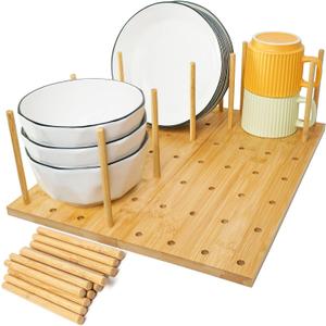Wooden Pegboard Drawer Organizer Storage - Trimmable Peg Board Organizer for Kitchen Cabinet & RV, Adjustable Shelf with 12 Pegs, for Utensil, Plates & Dishes Rack, 15x5.9 inch, 2 Pack