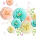 Fonder Mols Tissue Paper Chrysanth Flowers with Butterfly and Olive Leaves for Wedding Baby Shower Nursery Room Parties & Events Decorations Pom Poms (Cream Peach Mint)