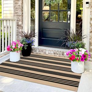 Tiveney Farmhouse 3x5 Outdoor Rug, Black and Khaki Striped Rugs Washable, Cotton Woven Reversible Front Porch Rug, Layered Doormats Carpet for Entryway Outdoor Entrance Front Door Porch Patio Decor