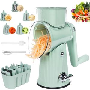 5 in 1 Rotary Cheese Grater Vegetable Slicer - Drum Mandoline Chopper for Kitchen, Easy to Clean with Storage Container (Green)