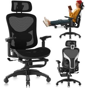 Ergonomic Office Chair, Mesh Desk Chair with Footrest, Adjustable Lumbar Support, 3D Armrest & Large Headrest, 3-Gear Tilt Recline, Stable Swivel Computer Gaming Chairs for Man Woman