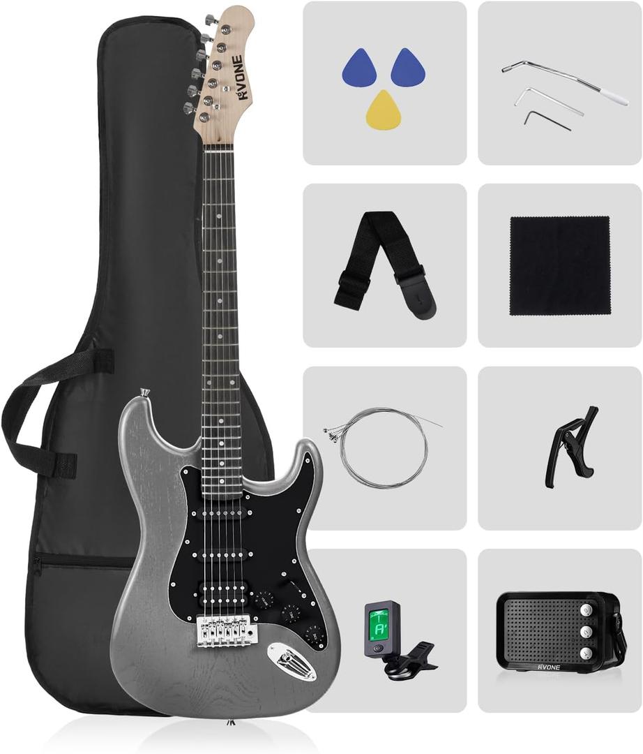 RST-150 39" Beginner Electric Guitar Kit with Amp & HSS Pickups | Complete Starter Set for Newcomers w/Essentials | Gig Bag, Extra Strings, Digital Tuner, Capo, Strap | Home Practice (Black)