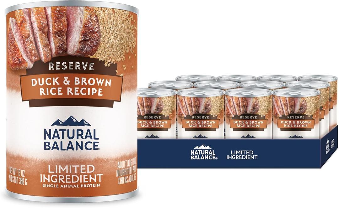 Natural Balance Limited Ingredient Grain-Free Wet Canned Dog Food - Rich Animal Protein Source - Balanced Nutrition - Soy-Free, Gluten-Free - 13 oz - Reserve Duck & Brown Rice Recipe - 12 Pack (EXP 07/11/27)