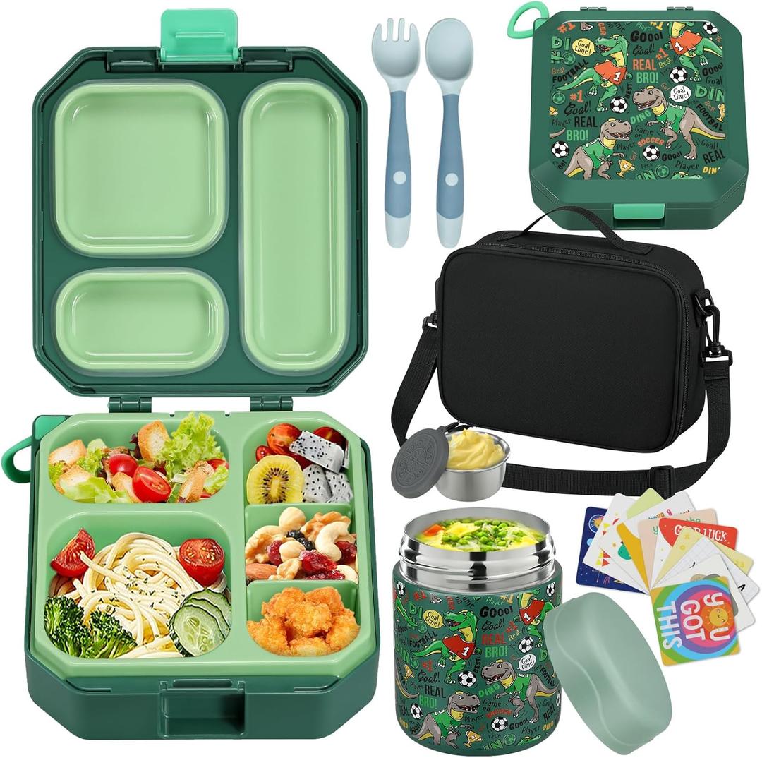 Bento Lunch Box for Kids with 12oz Soup Thermo Leak-Proof Lunch Food Container with 5 Compartment Thermo Hot Food Jar and Insulated Lunch Bag for Kid Toddler Girls Boys to School (Green - Dinosaur)