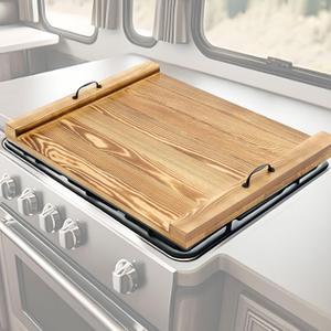 Maxdot Rv Stove Top Cover Board Wood Noodle Board Camper Stove Top Cover Countertop Cutting with 5 Pcs Adjustable Non-Slip Rubber Feet Leg Juice Groove for Trailer Gas Burner Kitchen(Light Brown)