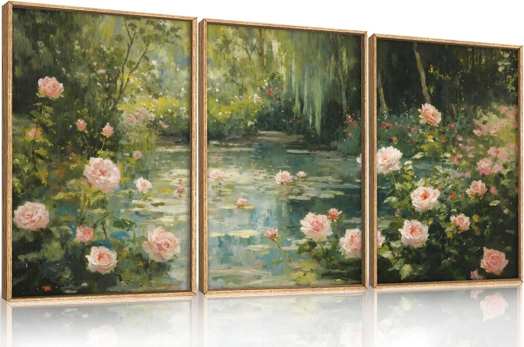 Aryroi Water Lilies Monet Framed Canvas Wall Art Set,Garden Pond Impressionist Floral Wall Decor,Vintage Oil Green Vibrant Flower Botanical Artwork for Living Room, Bedroom,Farmhouse- 16"x24"x3