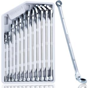 toolant 12PCS Extra Long Ratcheting Wrench Set, Gift for Men, Flex Head & Fixed Offset Head Double Box End Combination Wrench Set, CR-V Steel, Metric 8-19mm, with Storage Tray