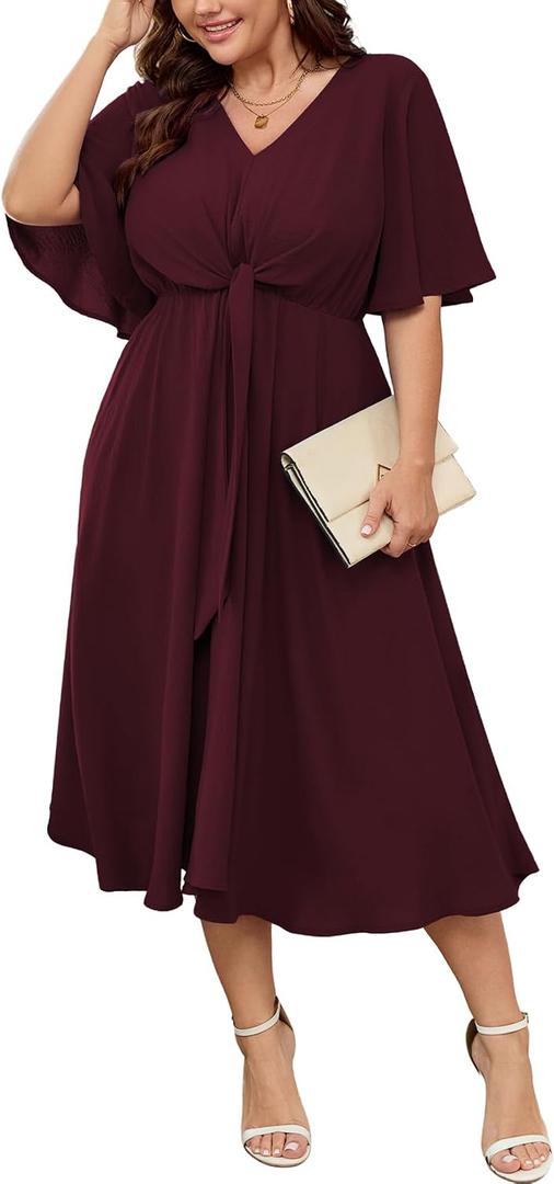 SCOMCHIC Women Plus Size Midi Dresses for Wedding Guest 4XL (Red, 4XL)