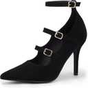 IDIFU IN4 Women's Pumps High Heels Dress Shoes for Women Closed Toe Strappy Heels Wedding Comfortable Dressy Formal Stiletto Ankle Strap Pointed Toe Three Strap Heels Pump Shoes (7, Black Nubuck)