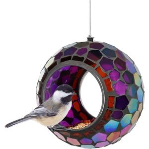 Sunnydaze 6-Inch Glass Mosaic Hanging Bird Feeder for Outdoors - Fly-Through Wild Bird Feeder - Purple