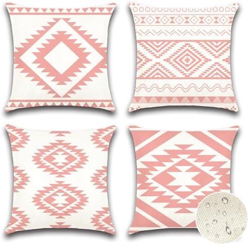 OTOSTAR Outdoor Waterproof Throw Pillow Covers 20x20 Inch Set of 4 Boho Farmhouse Outdoor Cushion Covers for Patio Funiture Garden（Geometry80-Pink）