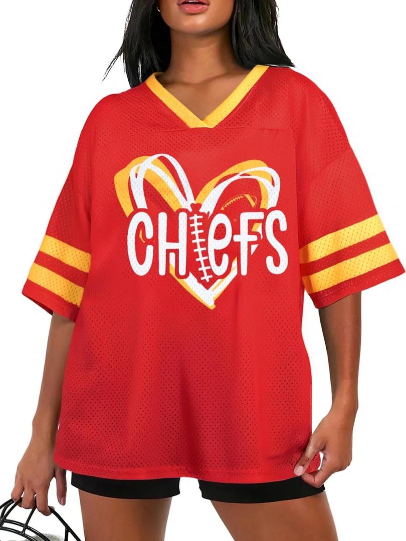 Oversized Football Game Day Shirt Women Sunday Funday Jersey Football Team Fans Mesh Tshirt V Neck Heart Graphic Tops, XL
