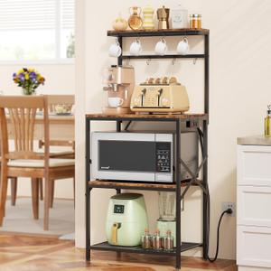 Kitchen Bakers Rack with Power Outlet, Small Coffee Bar Cart 4 Tiers, Microwave Stand Station with 8 S Hooks, Adjustable Shelf, Freestanding Kitchen Appliance Organizer, Rustic Brown