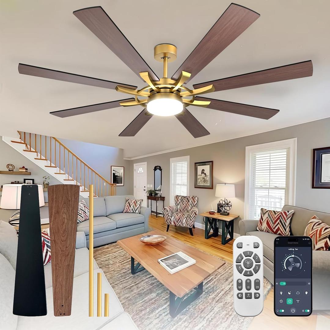 Depuley 72-Inch Ceiling Fan with Light: Farmhouse 8-Blade Walnut and Gold Indoor Outdoor Fans with Remote App Control Dimmable Light - Ultra Quiet DC Motor Reversible 6 Speed Timer