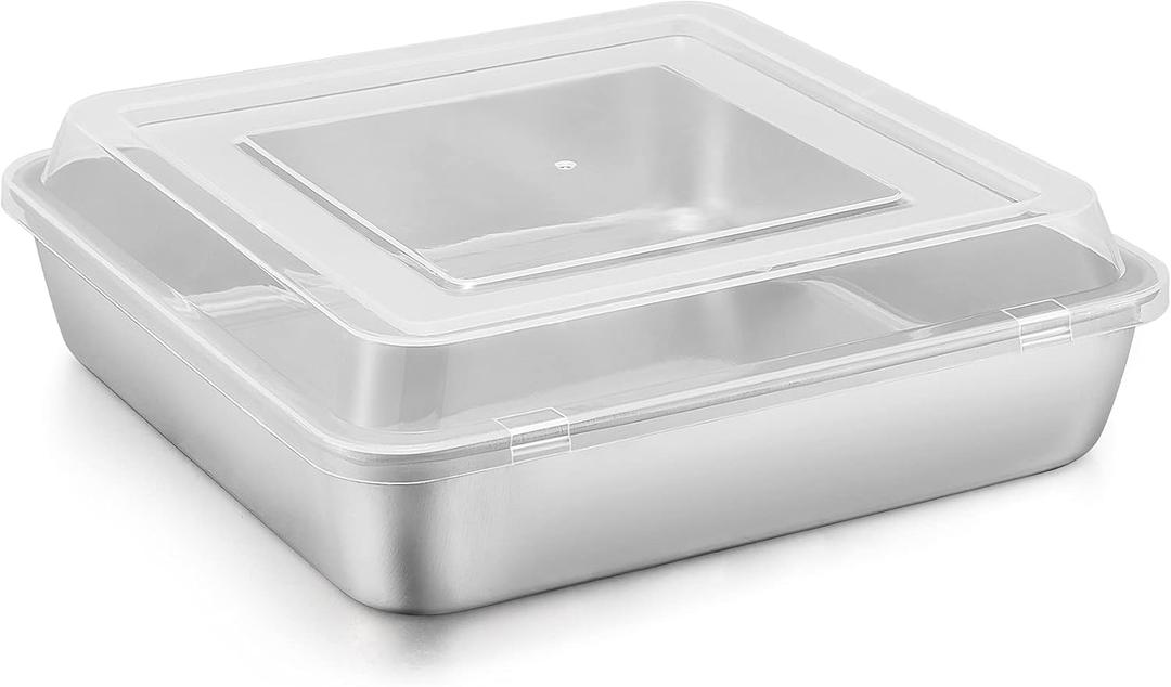E-far 9 x 9-Inch Baking Pan with lid, Square Cake Brownie Baking Pans Stainless Steel Bakeware, Non-toxic & Healthy, Easy Clean & Dishwasher Safe - 2 Pieces(1 Pan + 1 Lid)