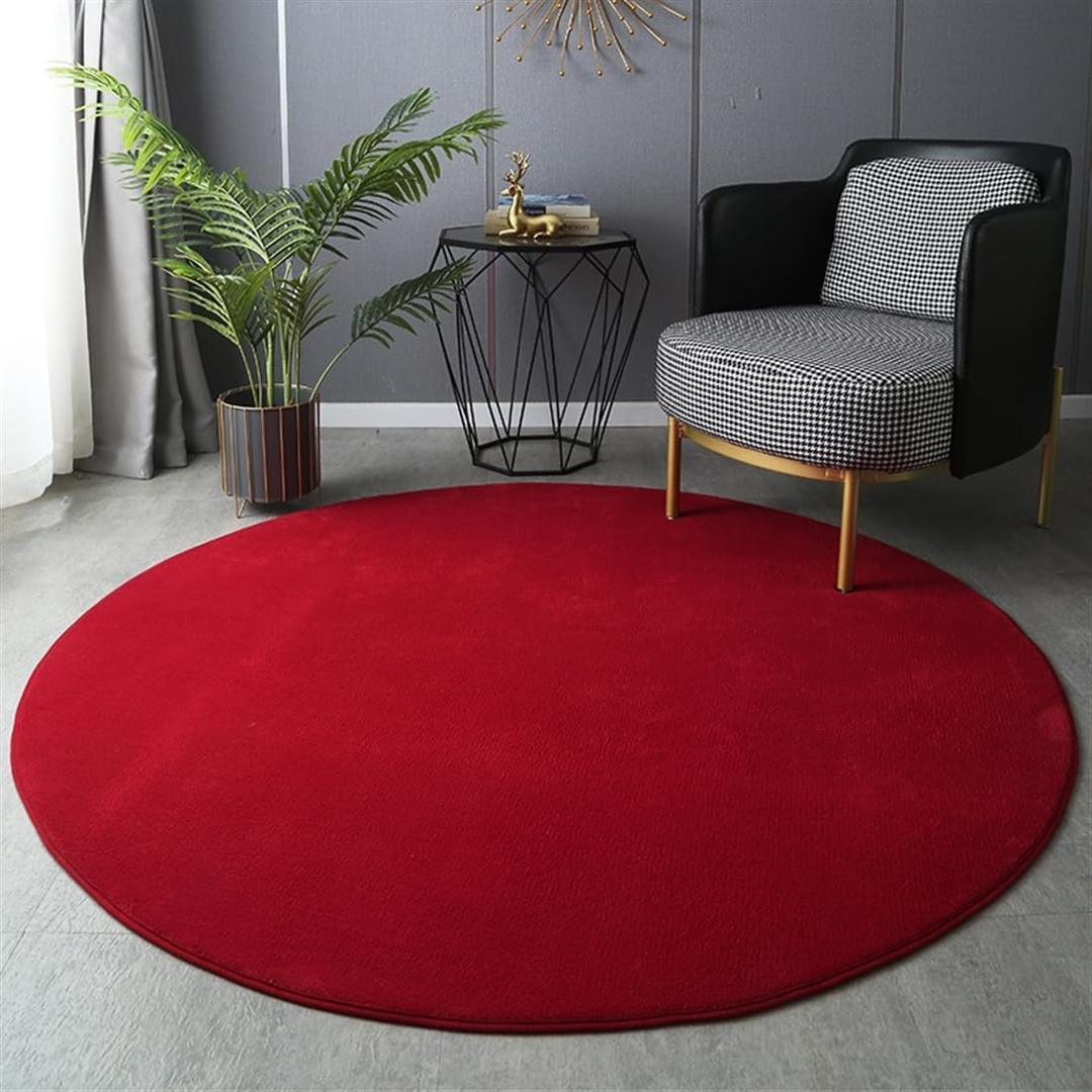 Round Rug Solid Thick Non Slip Carpet Soft Plush Fluffy Area Rug for Living Room Bedroom Kids Nursery Room Red 4 Feet