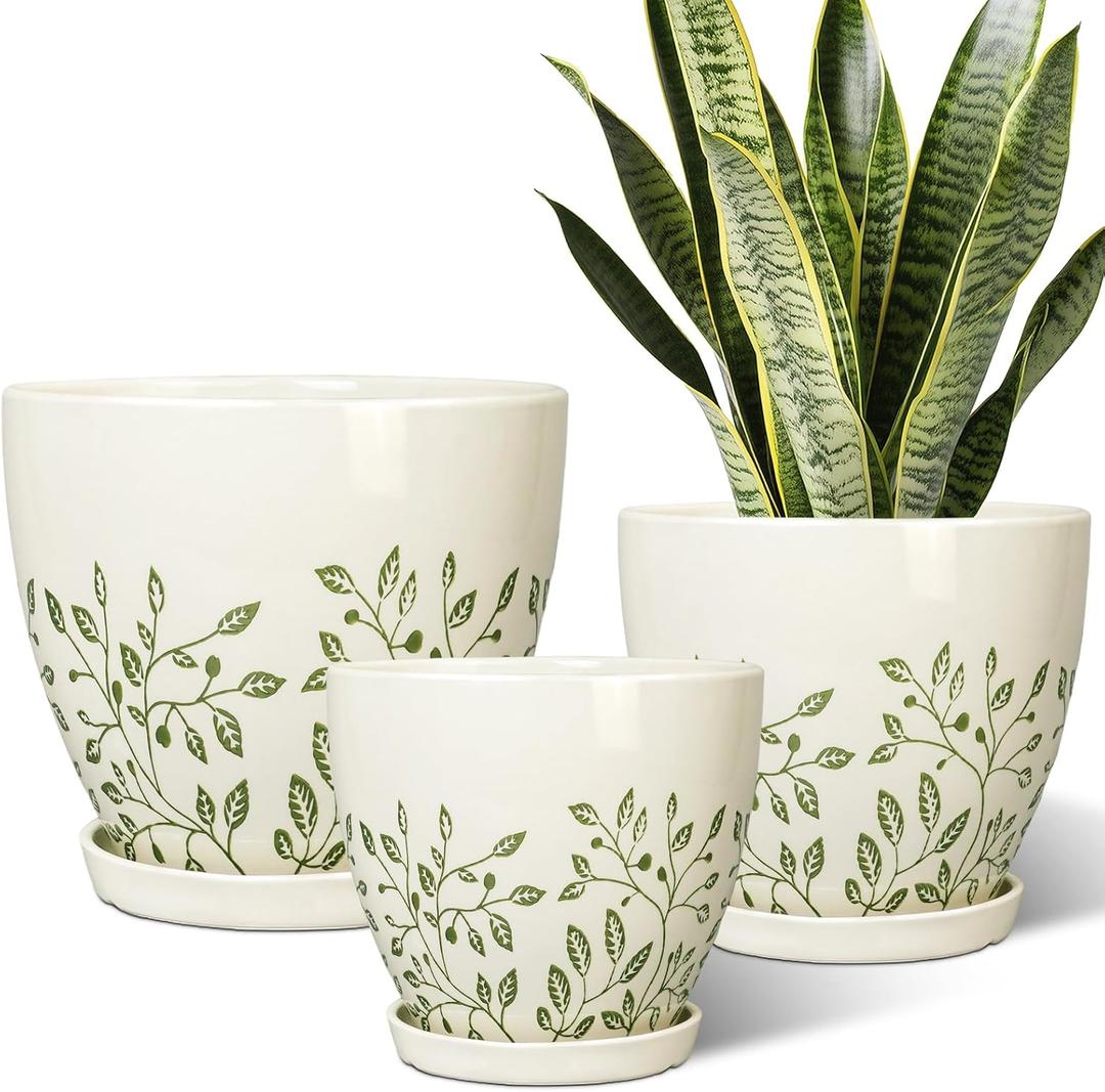 MPotTo Ceramic Pots for Indoor Plants - 10+8+6 Inch Planters with Drainage Holes and Saucers, Decorative Boho Round Indoor Planters Pots, Room Decor, Gifts for Plant Lovers, Set of 3, White