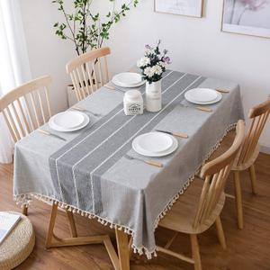 Vonabem Table Cloth Tassel Cotton Linen Table Cover for Kitchen Dinning Wrinkle Free Table Cloths Rectangle/Oblong (58''x102'', 8-10 Seats, Grey Lines)