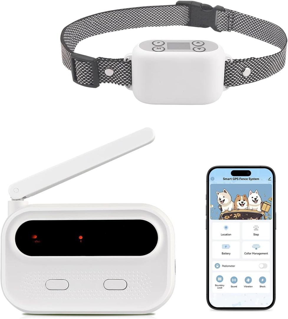GPS Wireless Dog Fence System with App Control - No Subscription & No Wire, up to 984 FT IPX7 Waterproof Electric Pet Containment Collar with Beep/Vibration/Shock, Support up to 5 Dogs(White)